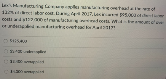 Lexs Manufacturing Company applies manufacturing overhead at the rate of 132% of direct labor cost. During April 2017, Lex i