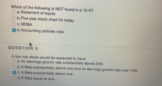 Which of the following is NOT found in a 10-K? a. Statement of equity b.Five year stock chart for today c. MD&A d. Accounting