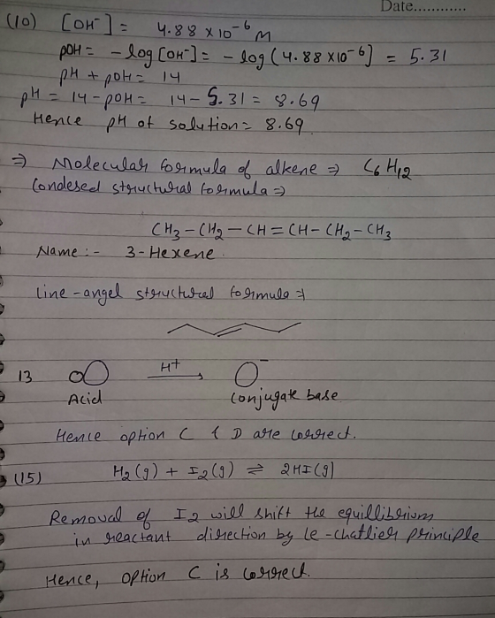 Date.. (10) [on] = 4.88 x 10 10-6m pOH = -log Cor]-log(4.88x10-6) = 5.31 pH + polt= 14 pH = 14 - pok= 14-5.31= 8.69 pH of so