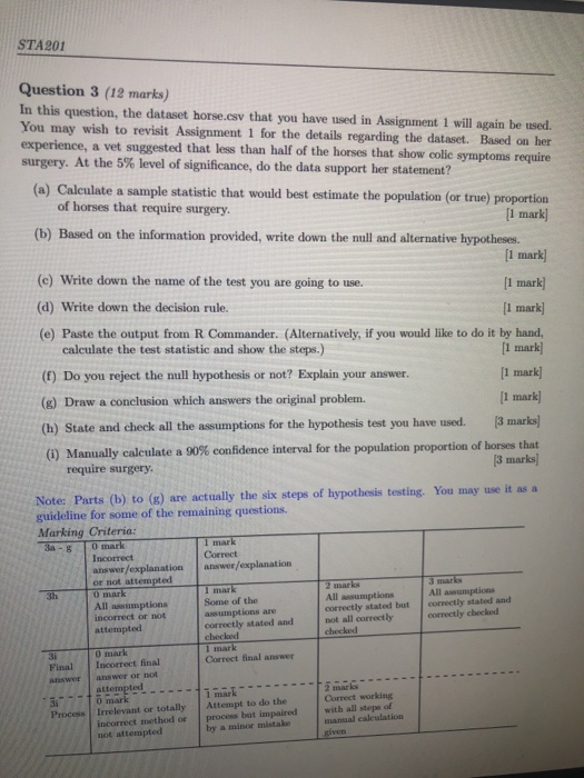 STA 201 Question 3 (12 marks) In this question, the dataset horse.csv that you have used in Assignment 1 will again be used.