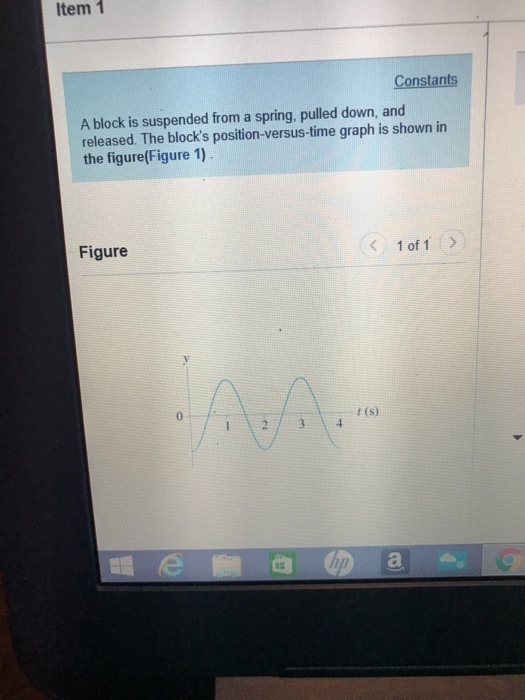 Item 1 Constants A block is suspended from a spring, pulled down, and released. The blocks position-versus-time graph is shown in the figure(Figure 1) Figure 1 of 1 t (s)