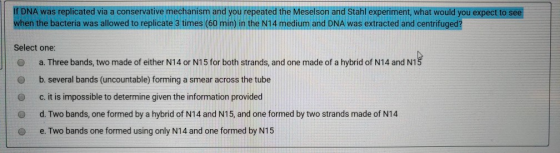 If DNA was replicated via a conservative mechanism and you repeated the Meselson and Stahl experiment, what would you expect