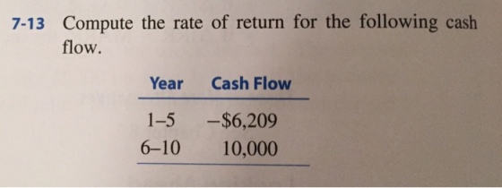 7-13 Compute the rate of return for the following cash flow Year Cash Flow 1-5 -$6,209 6-10 10,000