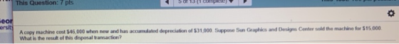 This ston: I PES 50131 -eor ersity A copy machine cost $46,000 when new and has accumulated depreciation of 531,000. Suppose