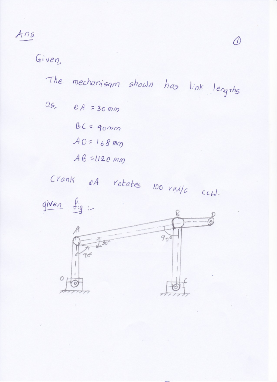 Ans Given The mechanisam shedn has link lenyths 09, OA = 30mm AD 168 m A 0-120 may Crank A Yotates 100 radls cew. aiven 700