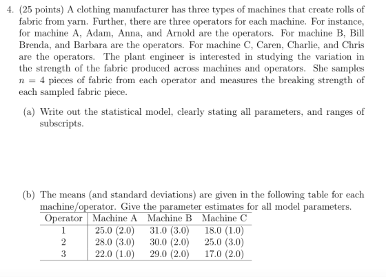 4. (25 points) A clothing manufacturer has three types of machines that create rolls of fabric from yarn. Further, there are