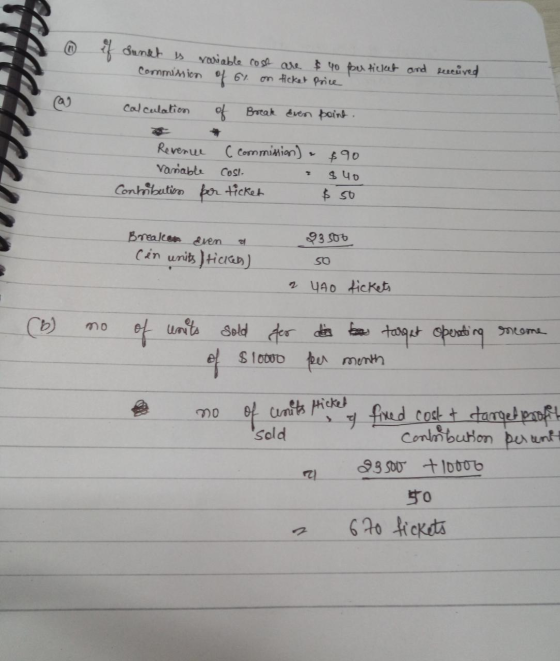 if sunset is variable cost are $ 40 per ticket and secured commission of 61 on ticket Price Calculation of Break Even point.