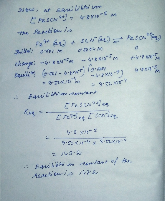 Feschlag) Now, at eauilibrium EERSCN2+] - 4.8x10-5 m. The Doction in Fest (0) & SCN (or) – Pritial: 0.00 0.0004 charge: G. 8