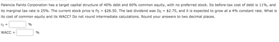 Palencia Paints Corporation has a target capital structure of 40% debt and 60% common equity, with no preferred stock. Its be
