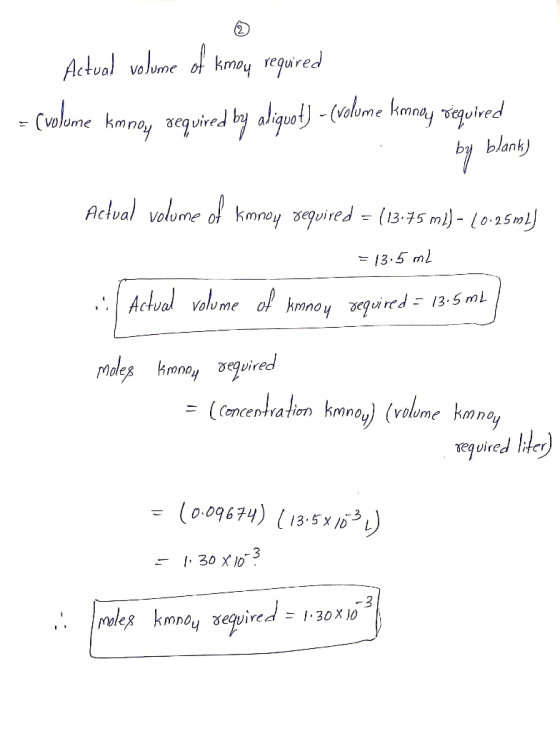 Actual volume of kmoy required = (volume kmpo, sequired by aliquot) - (volume komunay required by blank] Actual volume of kmn