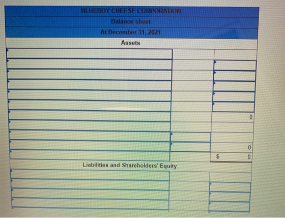 BLUEBOY CHEESE CORPORATION Balance sheet At December 31, 2021 Assets 0 0 $ Liabilities and Shareholders Equity