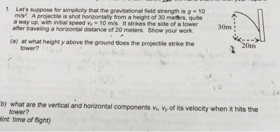 I. Lets suppose for simplicity that the gravitational field strength is g m/s? A projectile is shot horizontally from a height of 30 meters, quite a way up, with initial speed Vo 10 m/s. It strikes the side of a tower after traveling a horizontal distance of 20 meters. Show your work 10 30m (a) at what height y above the ground tloes the projectile strike the ˋ > 20m tower? 0 26 b) what are the vertical and horizontal components vi, vy of its velocity when it hits the tower? int: time o flight)