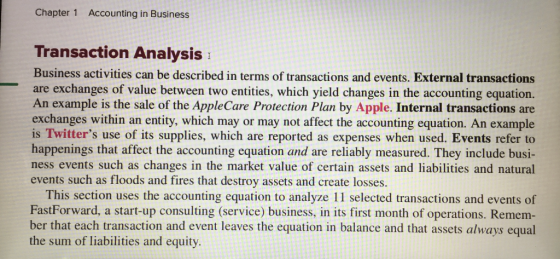 Chapter 1 Accounting in Business Transaction Analysis i Business activities can be described in terms of transactions and eve