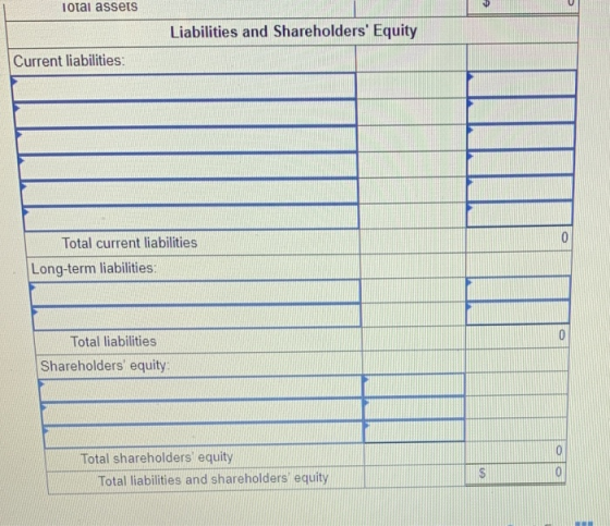 Totai assets Liabilities and Shareholders Equity Current liabilities: 0 Total current liabilities Long-term liabilities: 0 T