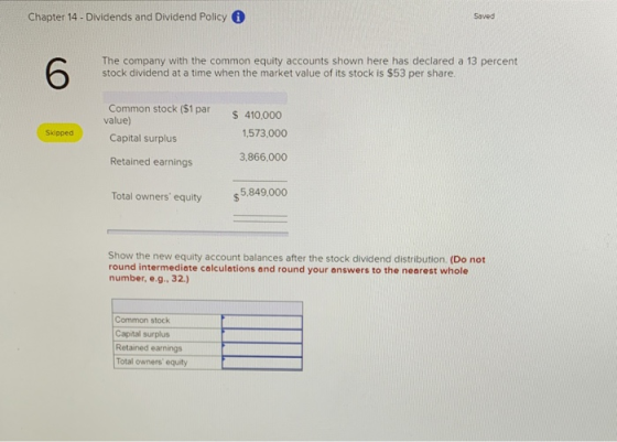 Chapter 14 - Dividends and Dividend Policy Saved The company with the common equity accounts shown here has declared a 13 per