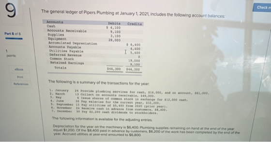 Check The general ledger of Pipers Plumbing at January 1, 2021, includes the following account balances: Credits Debits $ 4,