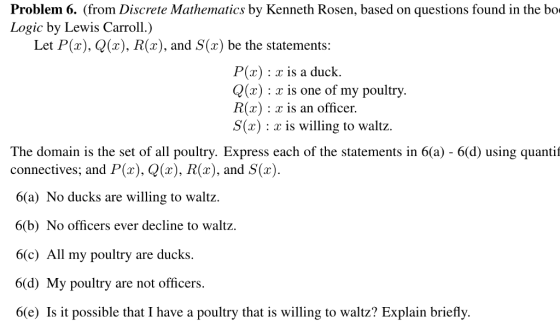 Problem 6. (from Discrete Mathematics by Kenneth Rosen, based on questions found in the bo Logic by Lewis Carroll.) Let P(x), Q(x), R(x), and S(x) be the statements P(x): is a duck Q(x): is one of my poultry R(x: ax is an officer. S(x): ris willing to waltz The domain is the set of all poultry. Express each of the statements in 6(a) - 6(d) using quantif connectives; and P(x), Q(x), R(x), and S(a) 6(a) No ducks are willing to waltz. 6(b) No officers ever decline to waltz. 6(c) All my poultry are ducks. 6(d) My poultry are not officers 6(e) Is it possible that I have a poultry that is willing to waltz? Explain briefly.