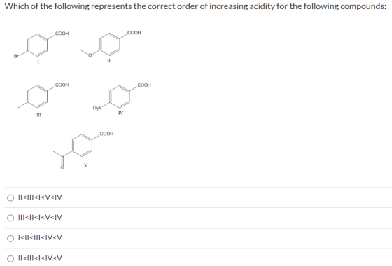 Which of the following represents the correct order of increasing acidity for the following compounds: COOH COOH Br IT - COOH