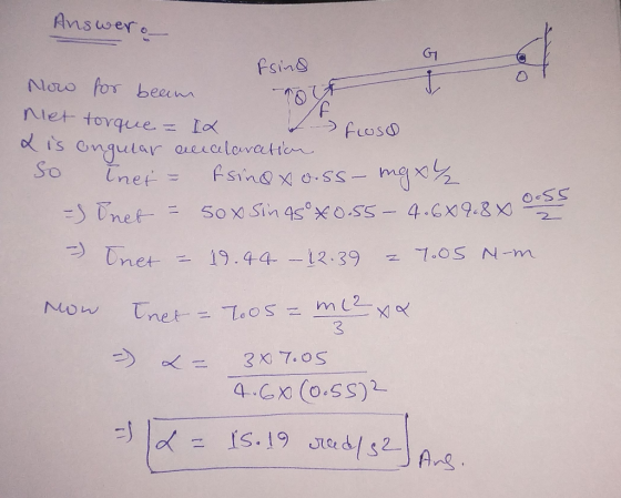 Answero Fring a f Now for beam To Net torque = ID un fioso & is angular accclaration So Inet = fsins v.ss- mg % =) Onet = 50x