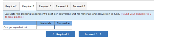 Required 1 Required 2 Required 3 Required 4 Required 5 Calculate the Blending Departments cost per equivalent unit for mater