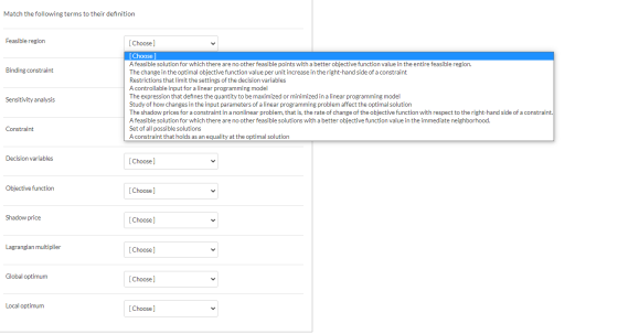 Match the following terms to their definition Feasible region Binding constraint [Choose] [Choose A feasible solution for whi