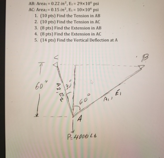 AB: Area1 = 0.22 in2, E1 = 29x106 psi AC: Area2 = 0.15 in2, E1 = 10x106 psi 1. (10 pts) Find the Tension in AB 2. (10 pts) Fi