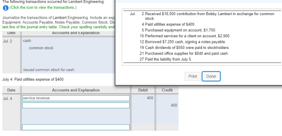 The following transactions occurred for Lambert Engineering (Click the icon to view the transactions.) Jul. 2 Received $18,000 contribution from Bobby Lambert in exchange for common Journalize the transactions of Lambert Engineering. Include an e Equipment, Accounts Payable; Notes Payable; Common Stock; Di last line of the journal entry table. Check your spelling carefully an stock. 4 Paid utilities expense of $400 5 Purchased equipment on account, $1,700 10 Performed services for a client on account, $2,900 12 Borrowed $7,200 cash, signing a notes payable 19 Cash dividends of $550 were paid to stockholders 21 Purchased office supplies for $840 and paid cash 27 Paid the liability from July 5 ate Accounts and Explanation Jul. 2 cash common stock Issued common stock for cash Print Done July 4: Paid utilities expense of $400 Date Accounts and Explanation Debit Credit Jul. 4 400 service revenue 400