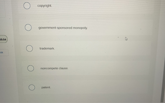 o copyright o government-sponsored monopoly. 35:54 o trademark o noncompete clause. o patent.