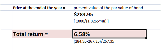 Price at the end of the year = present value of the par value of bond $284.95 [ 1000/(1.0265-48) ] Total return = 6.58% (284.