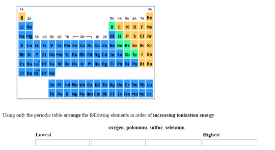Using only the periodic table arrange the followin
