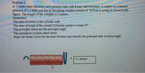 Problem 1. A 1 meter inner diameter steel pressure tank with 8 mm wall thickness is subject to a internal pressure of 1.5 MPa