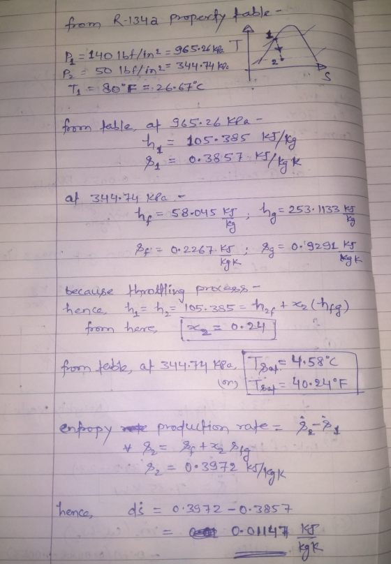 from R-134 a property table- 7 P = 140 16t/102= 965.26 kPa T P₂ = 50 lbf/in2 = 344 74 kola T = 80°F = 26.67°C from table, at