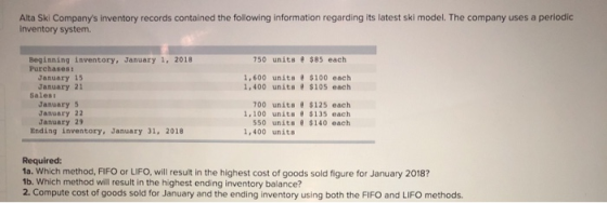 Alta Ski Companys inventory records contained the following information regarding its latest ski model. The company uses a p
