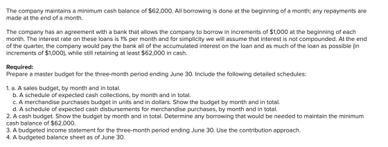 The company maintains a minimum cash balance of $62,000. All borrowing is done at the beginning of a month; any repayments ar