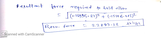 Resultant force required to bold elbow = 1(-16995. 82)2 + (415346,485)2 Resu. force = 22899.18 asing2 ] Scanned with CamScann
