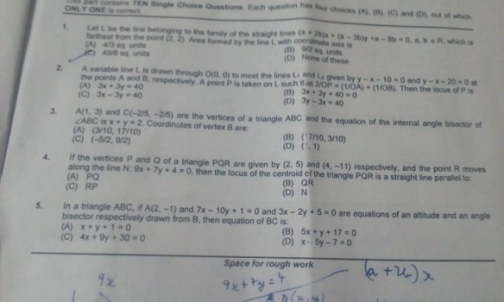 TEN C hQuestione Each questio n s (A) (0) (C) and (D) out of whid ONLY ONE Lot L be the line belonging to the family of the s