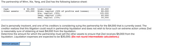 The partnership of Winn, Xie, Yang, and Zed has the following balance sheet: $ 50,000 305,000 $ 60,000 80,000 105,000 60,000