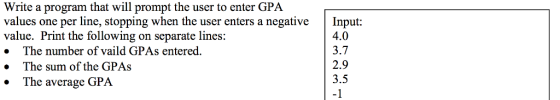 Write a program that will prompt the user to enter GPA values one per line, stopping when the user enters a negative Input: value. Print the following on separate lines: . The number of vaild GPAs entered » The sum of the GPAs 4.0 3.7 2.9 3.5 -1 The average GPA