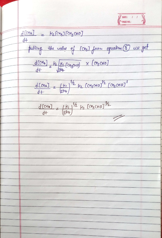 DATE: PAGE NO.: d[Chor] z kz [eng] [cm3 CHO] dt putting the value of [chs from equation & we get decine) e la mia congruo x [