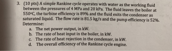 3. (10 pts) A simple Rankine cycle operates with water as the working fluid between the pressures of 4 MPa and 20 kPa. The fl
