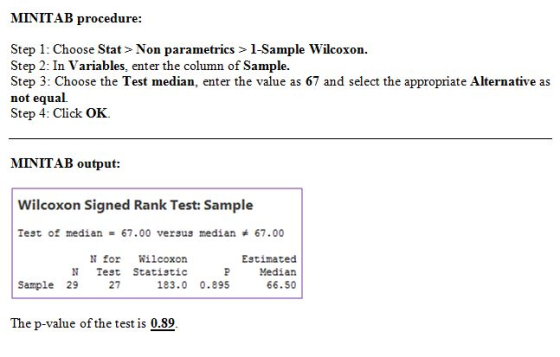 MINITAB procedure: Step 1: Choose Stat > Non parametrics > 1-Sample Wilcoxon. Step 2: In Variables, enter the column of Sampl