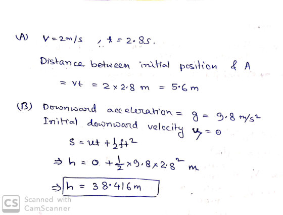 A) V=2m/s , *= 2.85. Distance between initial position & A = vt = 2x2.8 m = 506m (B) Downward acceleration = g = 9.8 m/s2 Ini