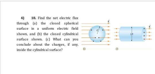 18. Find the net electric flux through (a) the closed spherical surface in a uniform electric field shown, and (b) the closed