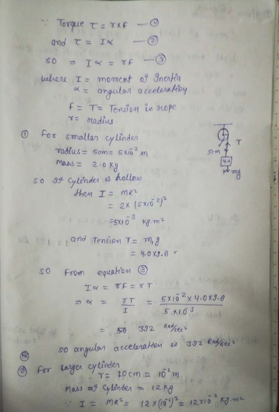 5cm 4 4.0 a Torque T = 8xF - and I = IQ - © so y Ta = rf. where I = moment of Inertia a a= angular acceleratioy o f= T= Tensi