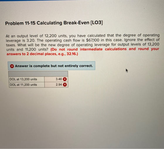 Problem 11-15 Calculating Break-Even (LO3] At an output level of 12,200 units, you have calculated that the degree of operati