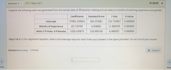 of 11 Step 2 of 2 Question 2 01:50:55 Suppose the following table was generated from the sample data of 20 teachers relating
