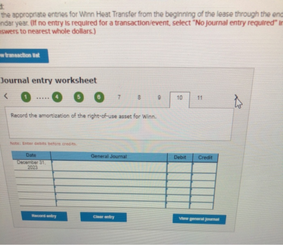 the appropriate entries for Winn Heat Transfer from the beginning of the lease through the end ndar year. (If no entry is req