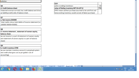 solution 06 d. Credit balance sheet Unearned revenue normally has credit balance and show as liability(credit) side of balance sheet Q10 units in ending invento value of Ending inve (FIFO means earliest purchase assumed to be sold first and hence ending inven 60 :5013+1012 770 would consist of latest purchase) 07 a. Net income $50000 Total credits minus total debits of income statement (i.e 106000-56000-50000 Q8 d. Income statement, statement of owners equity, balance sheet. (as net income is a part of statement of owners equity and statement of owners equity is a part of balance sheet) Q9 b. Credit inventory $70 (as we maintain inventory account in perpetual system and credit what goes out as per golden rule of accounting) ト 川 Sheet1 153 , Sheet1 154 Sheet1 155 . Sheet1 156 , Sheet1 157 Sheet1 158 Sheet1 159 , Sheet1 160 ENG 19:47 US 23 01/2019