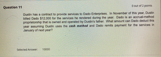 O out of 2 points Question 11 Dustin has a contract to provide services to Dado Enterprises. In November of this year, Dustin