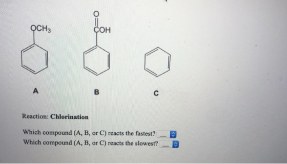 OCHZ COH Reaction: Chlorination Which compound (A, B, or C) reacts the fastest? Which compound (A, B, or C) reacts the slowes